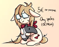 Size: 3242x2595 | Tagged: safe, artist:coco-drillo, derpibooru import, oc, oc:cocodrillo, earth pony, pony, advertisement, charity, chibi, clothes, commission, commission info, donation, floppy ears, glasses, image, messy mane, plushie, png, scar, scarf, simple background, sitting, smiling, solo