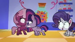 Size: 1280x720 | Tagged: safe, derpibooru import, screencap, cheerilee, rarity, twilight sparkle, twilight sparkle (alicorn), alicorn, earth pony, pony, unicorn, my little pony: pony life, spoiler:pony life s02e27, angry, female, gritted teeth, image, one last wish, png, shocked, sitting, stare, teeth, trio, trio female