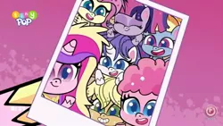 Size: 960x540 | Tagged: safe, derpibooru import, screencap, applejack, fluttershy, pinkie pie, princess cadance, rainbow dash, rarity, twilight sparkle, twilight sparkle (alicorn), alicorn, earth pony, pegasus, pony, unicorn, my little pony: pony life, spoiler:pony life s02e17, image, jpeg, mane six, selfie, what goes updo