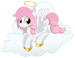 Size: 2777x2160 | Tagged: safe, artist:prinnyaniki, derpibooru import, oc, oc:light grace, angel pony, original species, pony, angel, cloud, commission, female, halo, image, lying down, lying on a cloud, mare, on a cloud, png, solo