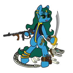 Size: 4000x4000 | Tagged: safe, artist:dice-warwick, derpibooru import, oc, oc:cavall, oc:star charter, pony, semi-anthro, fallout equestria, 10mm pistol, clothes, collar, cutlass, digital art, dog collar, ear piercing, fallout equestria: desperados, fangs, gun, image, jewelry, nightstalker, piercing, png, ring, standing, sword, tight clothing, tommy gun, vest, wavy mane, wavy tail, weapon