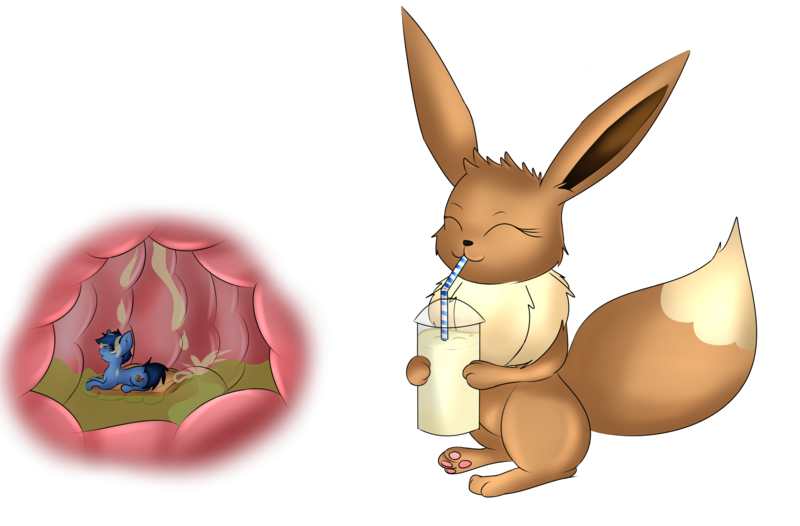 Size: 2567x1687 | Tagged: questionable, artist:schnixer, derpibooru import, oc, oc:quick step, earth pony, eevee, derpibooru exclusive variant, image, micro, milkshake, png, pokémon, raft, stomach, stomach acid, stomach noise, unaware, unaware vore, vore