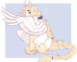 Size: 1280x1024 | Tagged: safe, artist:snowberry, derpibooru import, oc, oc:satin sabre, unofficial characters only, pegasus, pony, braid, braided tail, ear fluff, eyes closed, fluffy, grooming, image, long hair, male, music notes, png, preening, ribbon, simple background, sitting, solo, stallion, unshorn fetlocks