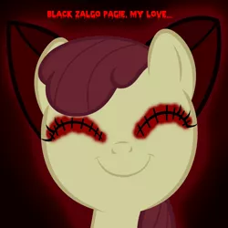 Size: 3555x3555 | Tagged: grimdark, derpibooru import, apple bloom, earth pony, pony, .exe, abstract background, black zalgo pagie, blood, bow, creepypasta, female, filly, hair bow, image, love, png, smiling, stitched eyes, stitches