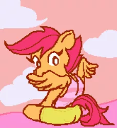 Size: 330x362 | Tagged: safe, artist:gorby, derpibooru import, scootaloo, semi-anthro, clothes, grooming, image, pixel art, png, preening, solo