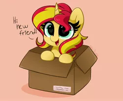 Size: 4096x3362 | Tagged: safe, artist:kittyrosie, derpibooru import, sunset shimmer, pony, unicorn, equestria girls, blushing, box, cute, heart eyes, image, jpeg, open mouth, shimmerbetes, simple background, wingding eyes