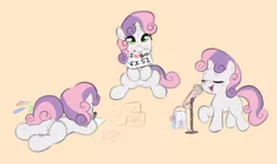 Size: 4108x2440 | Tagged: safe, artist:maxisb8, derpibooru import, sweetie belle, pony, unicorn, drawing, female, filly, image, microphone, mouth hold, paper, png, sign, singing, solo