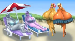 Size: 3519x1944 | Tagged: suggestive, artist:blues64, artist:marauder6272, derpibooru import, babs seed, diamond tiara, silver spoon, oc, oc:amber gem, anthro, earth pony, unguligrade anthro, beach, big breasts, bikini, blushing, breasts, busty babs seed, busty diamond tiara, busty silver spoon, chair, clothes, cutie mark, digital art, eyes closed, female, females only, glasses, group, huge breasts, hyper, hyper breasts, image, impossibly large breasts, older, older babs seed, older diamond tiara, older silver spoon, png, sitting, swimsuit, tail, thighs, umbrella, wide hips