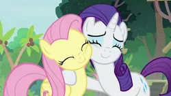 Size: 1920x1080 | Tagged: safe, derpibooru import, screencap, fluttershy, rarity, pegasus, pony, unicorn, fake it 'til you make it, cheek squish, duo, eyes closed, female, flarity, image, lesbian, mare, png, shipping, smiling, squishy cheeks