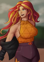 Size: 2480x3508 | Tagged: safe, artist:nire, derpibooru import, sunset shimmer, equestria girls, armpits, breasts, busty sunset shimmer, clothes, eyeshadow, female, image, jacket, jeans, leather jacket, makeup, pants, png, sleeveless, smiling, solo, solo female