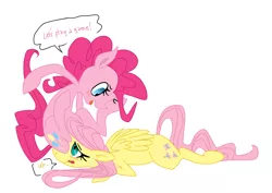 Size: 2451x1734 | Tagged: suggestive, artist:elslowmo, artist:purplekecleon, derpibooru import, fluttershy, pinkie pie, earth pony, pegasus, blushing, dialogue, faceful of ass, facesitting, female, femdom, femsub, flutterpie, flutterseat, fluttersub, forced, image, lesbian, looking down, lucky girl, pinkiedom, png, shipping, simple background, sitting on, sitting on person, sitting on pony, submissive, text, white background, yelling