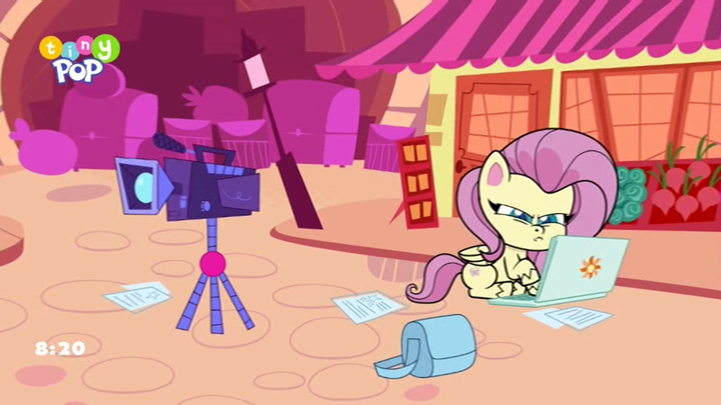 Size: 1024x576 | Tagged: safe, derpibooru import, fluttershy, pegasus, pony, my little pony: pony life, spoiler:pony life s02e02, bag, camera, computer, image, laptop computer, png, the crystal capturing contraption, tripod