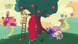 Size: 1024x576 | Tagged: safe, derpibooru import, applejack, fluttershy, earth pony, pegasus, pony, my little pony: pony life, spoiler:pony life s02e02, apple, apple tree, camera, female, food, image, mare, png, sweet apple acres, the crystal capturing contraption, tree