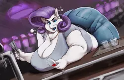 Size: 1280x825 | Tagged: suggestive, artist:valdavondran, derpibooru import, rarity, anthro, unicorn, alcohol, bbw, belly, big belly, big breasts, bingo wings, breasts, busty rarity, butt, chubby cheeks, cleavage, clothes, drunk, drunk bubbles, ear piercing, earring, fat, fat boobs, female, huge breasts, image, jeans, jewelry, large butt, lips, lipstick, morbidly obese, obese, pants, piercing, png, raritubby, solo, solo female, ssbbw, the ass was fat, thighs, thunder thighs, wide hips, wine