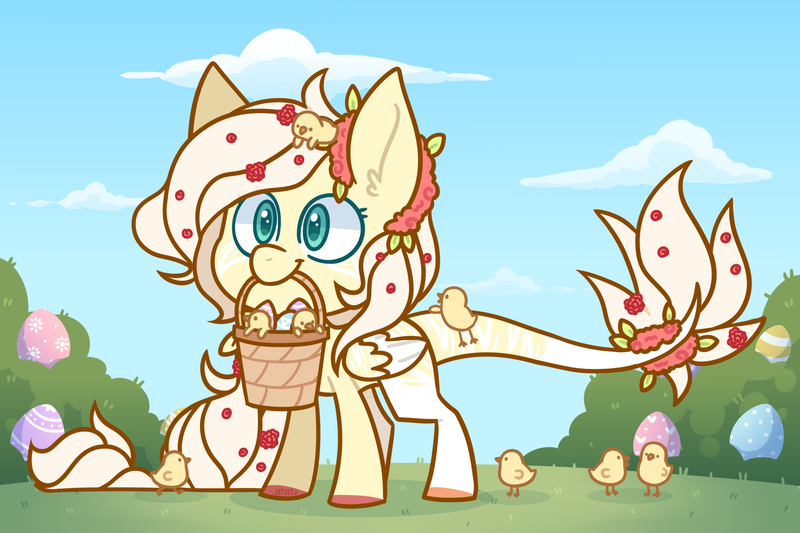 Size: 3000x2000 | Tagged: safe, artist:jetjetj, derpibooru import, oc, oc:flora quill, pegasus, pony, basket, chibi, chick, easter egg, female, image, mare, mouth hold, png, solo