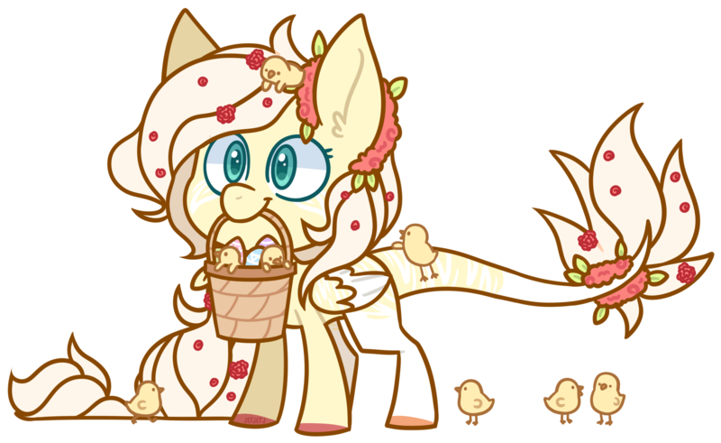 Size: 2829x1737 | Tagged: safe, alternate version, artist:jetjetj, derpibooru import, oc, oc:flora quill, pegasus, pony, basket, chibi, chick, easter egg, female, image, mare, mouth hold, png, simple background, solo, transparent background