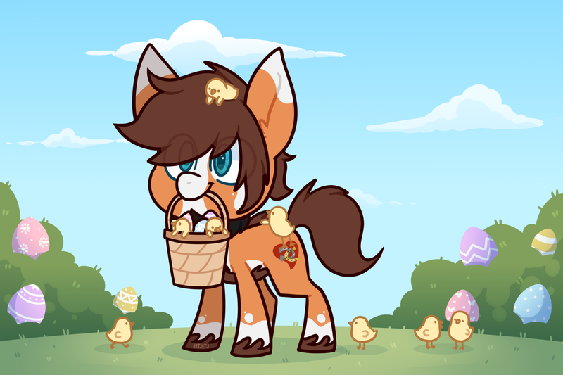 Size: 3000x2000 | Tagged: safe, artist:jetjetj, derpibooru import, oc, oc:heart chaser, earth pony, pony, basket, chibi, chick, easter egg, image, male, mouth hold, png, solo, stallion