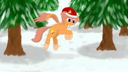 Size: 2560x1440 | Tagged: safe, artist:shoophoerse, derpibooru import, oc, oc:shoop, pegasus, pony, christmas, hat, holiday, image, jpeg, jumping, pine tree, santa hat, snow, solo, spread wings, tree, wings