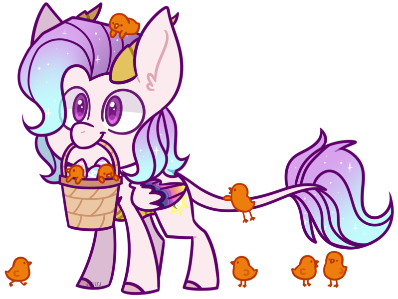 Size: 2283x1716 | Tagged: safe, alternate version, artist:jetjetj, derpibooru import, oc, oc:scale, pony, basket, chibi, chick, easter egg, female, horns, image, mouth hold, png, simple background, solo, transparent background