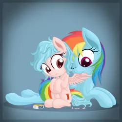 Size: 600x600 | Tagged: safe, artist:vito, deleted from derpibooru, derpibooru import, cozy glow, rainbow dash, pegasus, pony, 4chan, a better ending for cozy, alternate hairstyle, belly button, cozybetes, cozylove, cute, drawthread, duo, female, filly, grooming, image, lying down, mare, one wing out, png, preening, prone, sitting, wings