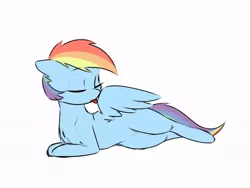 Size: 600x450 | Tagged: safe, artist:captainpudgemuffin, color edit, derpibooru import, edit, edited edit, editor:dashiswaifu69, rainbow dash, pegasus, pony, captainpudgemuffin is trying to murder us, colored, cute, dashabetes, eyes closed, female, grooming, image, jpeg, licking, licking wings, lying down, mare, missing cutie mark, mlem, preening, prone, side, silly, simple background, solo, spread wings, tongue out, white background, wings