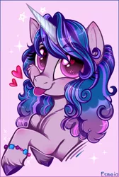 Size: 542x807 | Tagged: safe, artist:esmeia, derpibooru import, izzy moonbow, pony, unicorn, blushing, bracelet, bust, cheek fluff, cute, eyebrows visible through hair, eyelashes, female, g5, heart, heart eyes, image, izzybetes, jewelry, looking at you, mare, png, raised hoof, silly, silly pony, solo, sparkles, stars, text, tongue out, unshorn fetlocks, wingding eyes