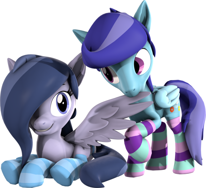 Size: 2280x2082 | Tagged: safe, artist:melodiousmarci, derpibooru import, oc, oc:cosmic oceans, oc:sierra nightingale, unofficial characters only, pegasus, 3d, clothes, grooming, image, looking at each other, png, preening, simple background, socks, source filmmaker, striped socks, transparent background