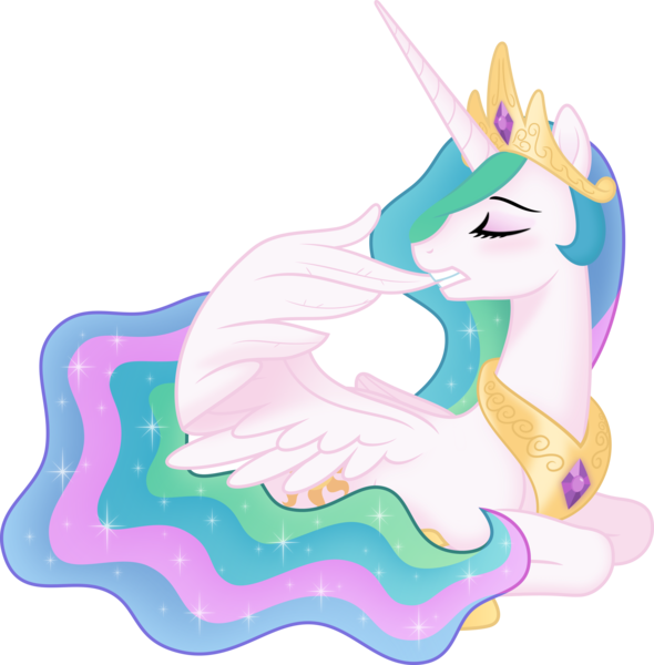 Size: 4500x4578 | Tagged: safe, artist:johnjoseco, artist:negatif22, derpibooru import, princess celestia, alicorn, pony, absurd resolution, biting, crown, cute, cutelestia, eyes closed, female, grooming, image, jewelry, lying down, mare, movie accurate, png, ponyloaf, preening, prone, regalia, simple background, solo, transparent background, vector, wing bite