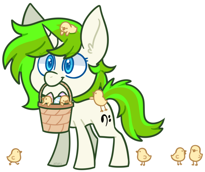 Size: 2052x1728 | Tagged: safe, alternate version, artist:jetjetj, derpibooru import, oc, oc:vinyl mix, pony, unicorn, basket, chibi, chick, easter egg, female, image, mare, mouth hold, png, simple background, solo, transparent background