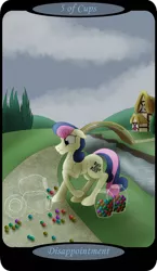 Size: 1500x2591 | Tagged: safe, artist:sixes&sevens, derpibooru import, part of a set, bon bon, sweetie drops, earth pony, accident, bridge, candy, female, five of cups, food, gumball, house, image, minor arcana, outdoors, png, ponyville, river, solo, spill, stream, tarot card, tree