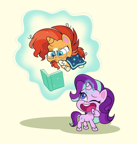 Size: 2388x2500 | Tagged: safe, artist:ryuyo, derpibooru import, starlight glimmer, sunburst, pony, unicorn, my little pony: pony life, book, glasses, image, jpeg, levitation, magic, one eye closed, smiling, telekinesis, wink