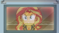 Size: 3410x1920 | Tagged: safe, derpibooru import, screencap, sunset shimmer, equestria girls, equestria girls series, holidays unwrapped, spoiler:eqg series (season 2), clothes, cute, female, food, geode of empathy, image, jacket, jewelry, jpeg, leather, leather jacket, magical geodes, necklace, oven, saving pinkie's pie, shimmerbetes, smiling, solo, souffle