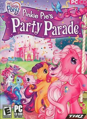 Size: 300x407 | Tagged: safe, derpibooru import, cheerilee, cheerilee (g3), pinkie pie, rainbow dash, rainbow dash (g3), scootaloo, scootaloo (g3), starsong, sweetie belle, sweetie belle (g3), toola roola, earth pony, pegasus, pony, unicorn, cd-rom, cover art, g3, game, image, jpeg, my little pony logo, pinkie pie's party parade, thq