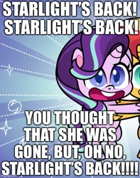 Size: 500x636 | Tagged: safe, artist:orin331, derpibooru import, edit, starlight glimmer, sunset shimmer, pony, unicorn, my little pony: pony life, bipedal, caption, cropped, cute, duo, fake screencap, glimmerbetes, hug, image, image macro, jpeg, pony life accurate, shimmerbetes, show accurate, smiling, song reference, spongebob squarepants, squidward tentacles, squidward's back, standing, text