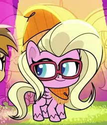 Size: 395x460 | Tagged: safe, derpibooru import, edit, edited screencap, screencap, buttershy, my little pony: pony life, cropped, image, png, smiling, solo, sportacular spectacular musical musak-ular