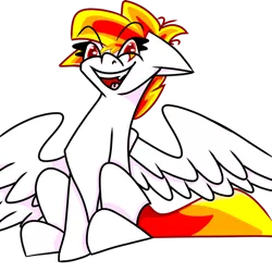 Size: 1280x1280 | Tagged: safe, artist:ukedideka, derpibooru import, oc, oc:lumen afterglow, pegasus, background removed, image, looking at you, pegasus oc, png, red eyes, red hair, sharp teeth, sitting, smiling, smiling at you, solo, spread wings, tail, teeth, wings