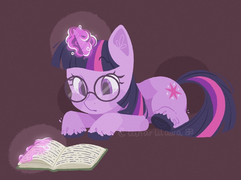 Size: 2242x1681 | Tagged: safe, artist:lunarlilawa, artist:sodababie, banned from derpibooru, deleted from derpibooru, derpibooru import, twilight sparkle, pony, unicorn, adorkable, bibliophile, book, bookhorse, bookworm, brown background, cute, dork, female, glasses, image, jpeg, lying down, magic, mare, prone, reading, round glasses, simple background, solo, telekinesis, twiabetes, unicorn twilight, unshorn fetlocks