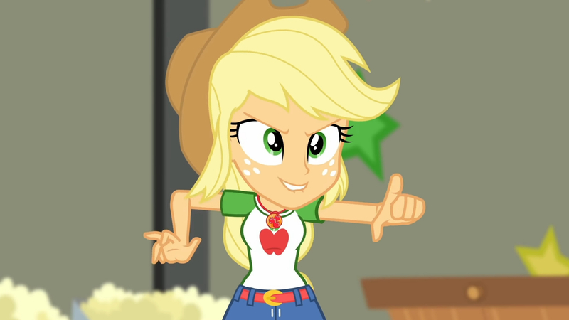 Size: 3410x1920 | Tagged: safe, derpibooru import, screencap, applejack, equestria girls, equestria girls series, holidays unwrapped, spoiler:eqg series (season 2), applejack's hat, belt, clothes, cowboy hat, cutie mark, cutie mark on clothes, denim skirt, female, geode of super strength, hat, image, jewelry, jpeg, lip bite, magical geodes, necklace, pointing, skirt, solo, the cider louse fools