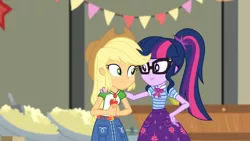 Size: 3410x1920 | Tagged: safe, derpibooru import, screencap, applejack, sci-twi, twilight sparkle, equestria girls, equestria girls series, holidays unwrapped, spoiler:eqg series (season 2), applejack's hat, belt, bowtie, clothes, cowboy hat, cutie mark, cutie mark on clothes, denim skirt, duo, duo female, female, geode of super strength, geode of telekinesis, glasses, hat, image, jewelry, jpeg, magical geodes, necklace, ponytail, skirt, the cider louse fools