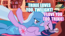 Size: 726x407 | Tagged: safe, derpibooru import, trixie, twilight sparkle, blushing, caption, female, golden oaks library, hubble, hub logo, image, image macro, imgflip, jpeg, lesbian, library, shipping, text, the hub, twixie