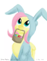 Size: 1100x1400 | Tagged: safe, artist:rockhoppr3, derpibooru import, fluttershy, pegasus, pony, animal costume, basket, bunny costume, bunnyshy, chest fluff, clothes, costume, cute, easter basket, easter egg, female, image, mare, mouth hold, png, shyabetes, solo