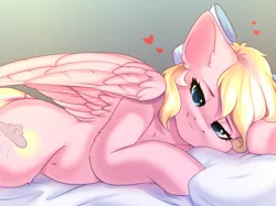 Size: 2732x2048 | Tagged: safe, artist:alphadesu, derpibooru import, oc, oc:bay breeze, unofficial characters only, pegasus, pony, bed, bedroom eyes, bow, commission, cute, female, hair bow, heart, image, looking at you, lying down, mare, ocbetes, pillow, png, smiling, solo, solo female, ych result