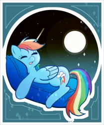 Size: 3808x4550 | Tagged: safe, artist:vigasartroom, derpibooru import, part of a set, rainbow dash, pegasus, pony, cute, dashabetes, drool, eyes closed, female, full moon, high res, image, jpeg, lying down, mare, moon, night, open mouth, pillow, prone, sleeping, solo