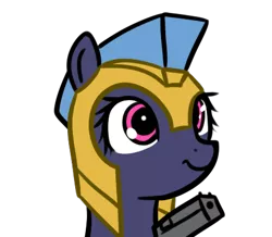 Size: 463x403 | Tagged: safe, artist:neuro, oc, unofficial characters only, pony, armor, female, guardsmare, gun, handgun, helmet, image, mare, pink eyes, png, royal guard, simple background, smiling, solo, transparent background, weapon