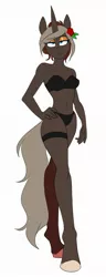 Size: 807x2094 | Tagged: suggestive, artist:redxbacon, derpibooru import, oc, oc:parch well, unofficial characters only, anthro, unguligrade anthro, unicorn, alternate hairstyle, anthro oc, black underwear, bra, clothes, eyeshadow, horn, image, jpeg, makeup, simple background, underwear, unicorn oc, white background