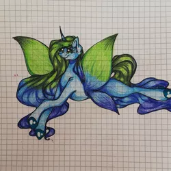 Size: 1080x1080 | Tagged: safe, artist:tessa_key_, derpibooru import, oc, unofficial characters only, pony, butterfly wings, colored hooves, eyelashes, female, graph paper, horn, image, jpeg, lying down, mare, prone, smiling, solo, traditional art, wings