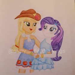 Size: 971x971 | Tagged: safe, artist:mmy_little_drawings, derpibooru import, applejack, rarity, equestria girls, equestria girls (movie), applebetes, bare shoulders, clothes, cute, dress, eyelashes, fall formal outfits, female, freckles, hat, image, jackabetes, jpeg, lesbian, open mouth, raribetes, rarijack, shipping, sleeveless, smiling, strapless, sweet dreams fuel, traditional art, watermark