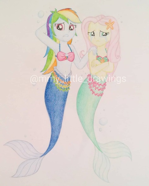 Size: 1079x1349 | Tagged: safe, artist:mmy_little_drawings, derpibooru import, fluttershy, rainbow dash, mermaid, starfish, equestria girls, arm behind head, bikini, bikini top, clothes, crying, duo, eyelashes, female, image, jpeg, mermaid dash, mermaidized, species swap, swimsuit, traditional art, watermark