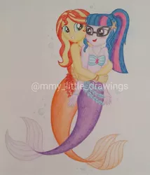 Size: 1079x1260 | Tagged: safe, artist:mmy_little_drawings, derpibooru import, sci-twi, sunset shimmer, twilight sparkle, mermaid, equestria girls, bikini, bikini top, blushing, clothes, duo, eyelashes, female, glasses, grin, hug, image, jpeg, lesbian, mermaidized, open mouth, scitwishimmer, shipping, smiling, species swap, sunsetsparkle, swimsuit, traditional art, watermark