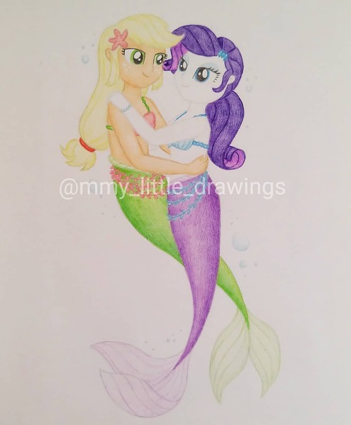 Size: 1079x1307 | Tagged: safe, artist:mmy_little_drawings, derpibooru import, applejack, rarity, mermaid, starfish, equestria girls, bikini, bikini top, clothes, duo, eyelashes, female, freckles, hug, image, jpeg, lesbian, mermaidized, rarijack, shipping, smiling, species swap, swimsuit, traditional art, watermark